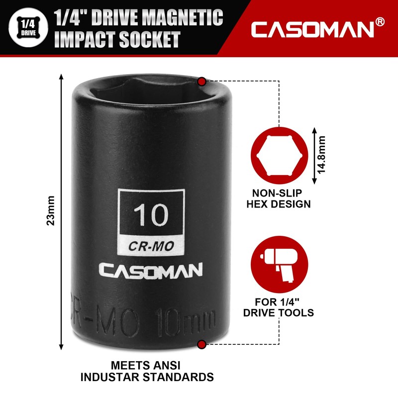 CASOMAN 1/4" Drive 10mm Shallow Magnetic Impact Socket, Metric, 6-Point,