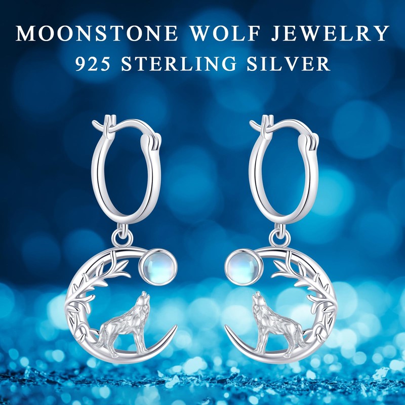 Wolf Earrings for Women S925 Sterling Silver Moonstone Celtic Wolf