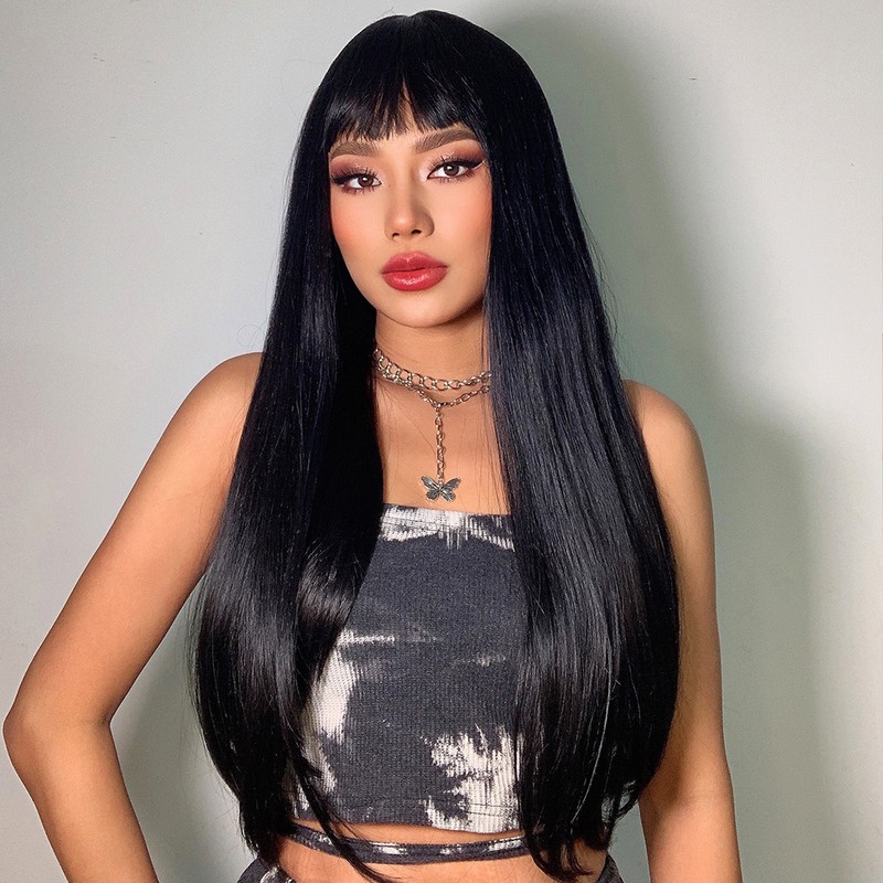Long Black Wig Human Hair with Bangs and Wig Cap