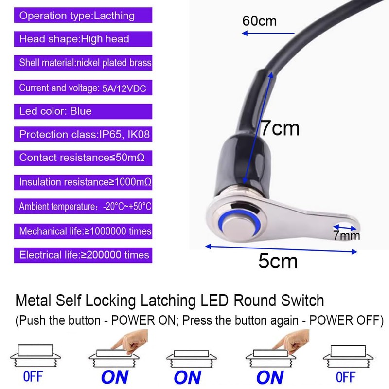 Gebildet 5A/12V Universal Latching Stainless Steel Blue LED Motorcycle Switch