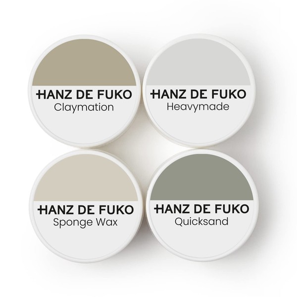 Hanz de Fuko Deluxe Mini Hair Care Kit – Super Styling Sampler Featuring Claymation, Quicksand, Heavymade, Sponge Wax – Certified Organic Ingredients, 4 pack, 0.25oz each