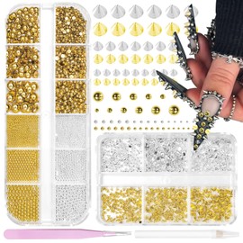 2 Boxes 3D Mini Metal Punk Nail Art Studs, Mixed Sizes Gold Silver Cone Spikes Nail Rivets Round Steel Ball, Goth Punk Half ABS Pearls for Nails DIY Accessories