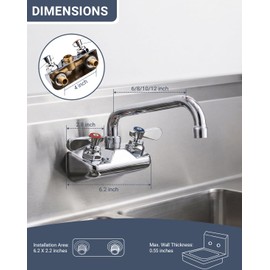 Phivan Commercial Sink Faucet - Leak Free Brass 4 Inch Wall Mount 2 Hole, 6" Swivel Spout 3 Compartment Sink Faucet for Restaurant/Industrial/Kitchen/Laundry/Bar