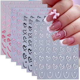 8 Sheets Heart Nail Stickers for Nail Art 3D Self-Adhesive Black White Pink Red Design Valentine's Day Nail Decals Pegatinas Uñas Hollow Love Heart Nail Art Stickers DIY Manicure Decorations for Women