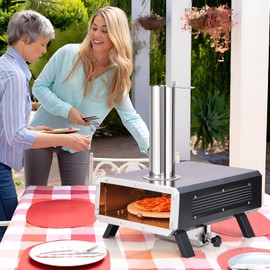 HAPPYGRILL Outdoor Pizza Oven with Rotatable Pizza Stone, Wood Fired Pizza Maker with Pizza Peel, Thermometer & Rain Cover, Countertop Stainless Steel Pizza Stove for Camping Picnic Party