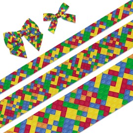 3 PCS Building Blocks Grosgrain Ribbons 3/8" 7/8" 1.5" Multicolor Decor Ribbons 5 Yards, Build Block Craft Ribbons for Block Themed Party Favor Decoration Holiday Birthday Gift Packaging DIY Supplies