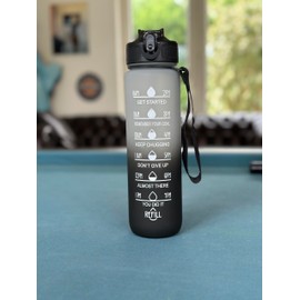 Motivational Water Bottle with Time Markers – BPA-Free, Leak-Proof, Reusable – Perfect for Sports, Fitness, Office & Daily Use – 1L/32oz (black-white)