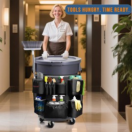 Trash Can Caddy Bag for 32-55 Gallon Garbage Bin, Hongmed Caddy for Commercial Cleaning Supplies, Multi-Pocket Utility Apron with Adjustable Straps, Heavy-Duty Nylon Organizer for Janitorial Duties