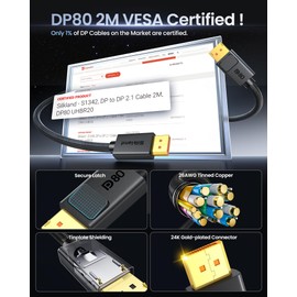 Silkland 80Gbps DisplayPort Cable 2.1 6.6FT, [VESA Certified, Secure Latch], [16K@60Hz, 8K@240Hz, 4K@480Hz 240Hz] Display Port Cord, DP80 HDR DSC1.2a for FreeSync G-Sync Gaming Monitor 5090 7900XTX