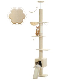 PEQULTI Cat Tree Floor to Ceiling, Tall Cat Tower, Adjustable Height (83''-108'') 5 Tiers Climbing Tree for Indoor Cats with Cat Condo, Scratching Post and Ladder, Beige