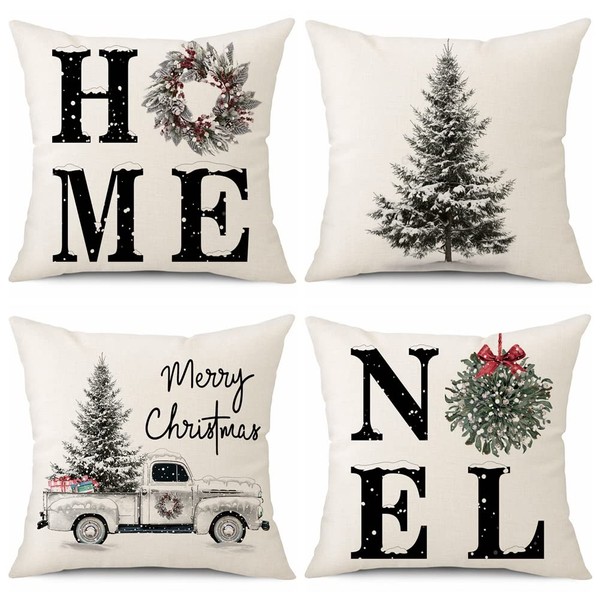 Sungeek Set of 4 Christmas Cushion Covers, Linen Decorative Cushion Covers, Santa Claus Cushion Cover, Decorative Cushion Cover for Sofa, Couch, Bedroom, Living Room (40 x 40 cm, Christmas Tree)
