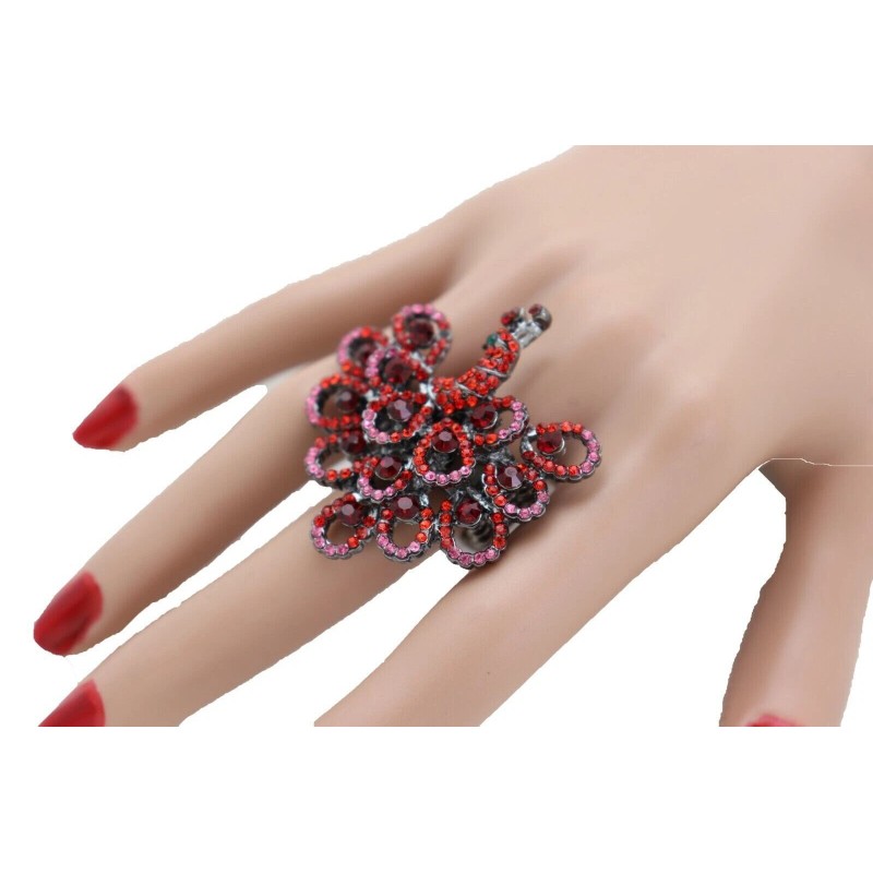 Unbranded Women Peacock Ring Red Pink Animal Feathers Metal Elastic