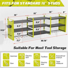 Power Tool Organizer Wall Mount with Charging Station,45.6 Inch 3 Layers Heavy Duty Metal Power Tool Storage Rack,Tool Organizers and Storage with 6 Drill Holders,Screwdriver,6.5FT Power Strip(Green)