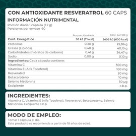 PRONAT  Resveratrol, Antioxidante, Suplemento Alimenticio, Selenio y Betacaroteno, 60 Cpsulas de 1200 mg                                              