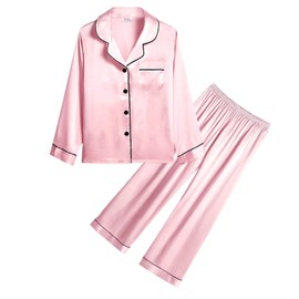 SWOMOG Girls Silk Pyjamas Kids Long Sleeve Satin PJs Sets Button-Down Silky Nightwear Children Sleepwear Pink