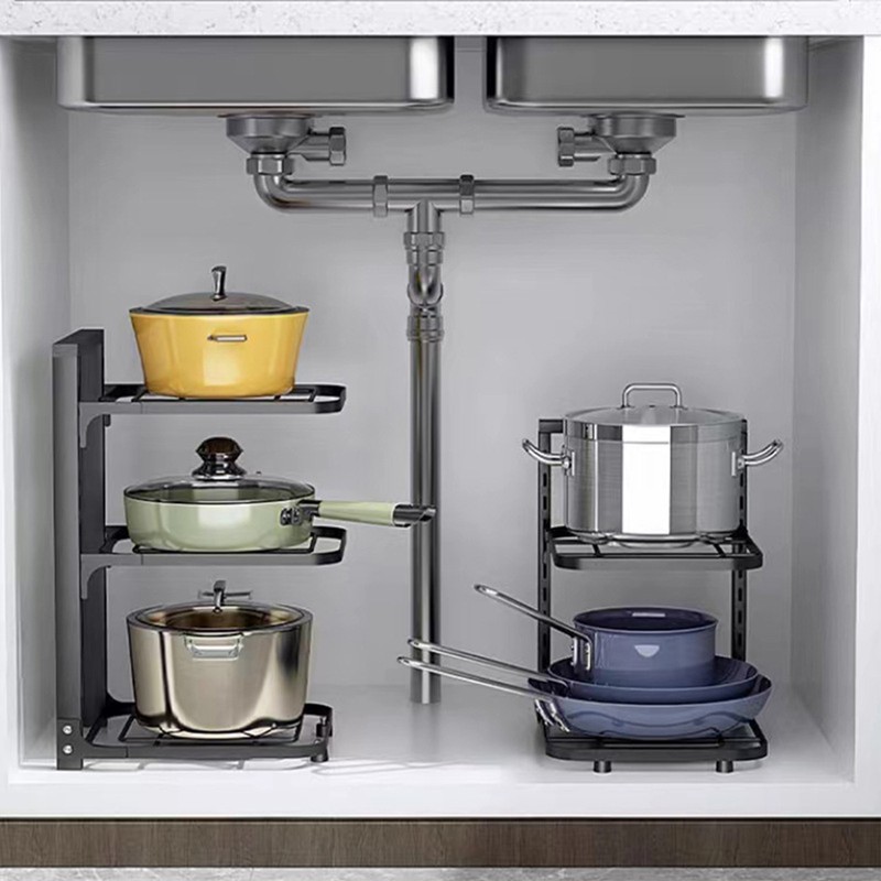 Kitchen Storage Shelf Carbon Steel Multilayer Black Pot and Pan