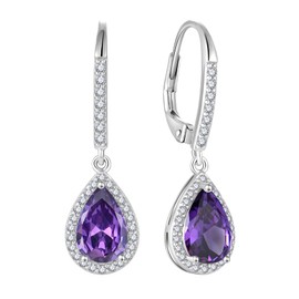 FJ Teardrop Dangle Amethyst Earrings 925 Sterling Silver Leverback Drop Earrings February Birthstone Jewellery Gifts for Women Girls
