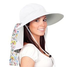 Women's Sun Hats Neck Flap Large Brim UV Protection Foldable Fishing Hiking Cap White
