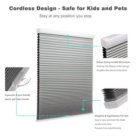 MYshade Blackout Cordless Cellular Shades Honeycomb Shades for Indoor Windows Room Darkening Blinds for Home Office Pull Down Window Shades Easy to Install 39 inch Wide, H72 Grey Pleated Shades