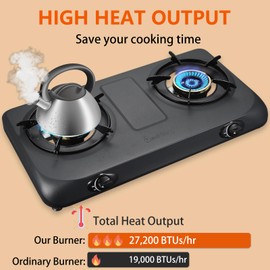 BesNerg Propane Stove 2 Burner Gas Stove Top, 27200 BTU High-Efficiency LPG Metal Cooktop With Auto Ignition, CSA Regulator and Hose, Perfect for Outdoor Kitchen, Camping, RV & Emergency Cooking