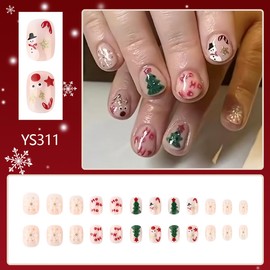 24Pcs Christmas Press on Nails Short Cute Xmas Fake Nails Glue on Nails Winter Nude Nails Press ons Acrylic with Snowflake Snowman Elk Christmas Tree Designs Glossy Nails for Holiday Nail Decoration