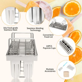 WICHEMI Commercial Popsicle Molds Stainless Steel Ice Pop Molds 20PCS Metal Ice Lolly Popsicle Mold Ice Cream Maker Mold Stick Holder with Lid Single Cup Capacity 85g