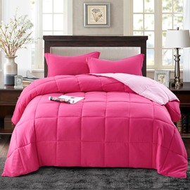 HIG 3pc Pink Comforter Set Full SizeDuvet Insert, Reversible, All Season, Box Stitched, with Corner Tabs, Soft, Fluffy