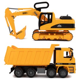 Toy To Enjoy Construction Toys - Excavator & Dump Truck Toy for Kids (Set of 2) – Moveable Claw & Lifting Back – Garbage Truck & Bulldozer Digger – Construction Vehicles for Boys & Kids