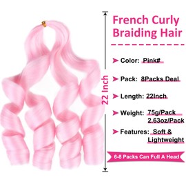 UNION BEAUTY Pink French Curl Braiding Hair 22 Inch Curly 8 Packs Pre Stretched Body Wavy for Bohemian Box Braids Crochet Black Woman (Pink#)