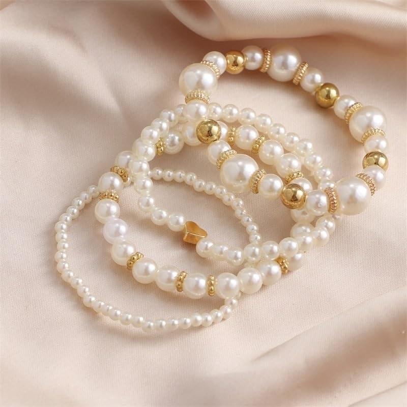 Fuqimanman2020 Chunky Simulated Pearl Stackable Stretch Bracelet Set Beaded Ball