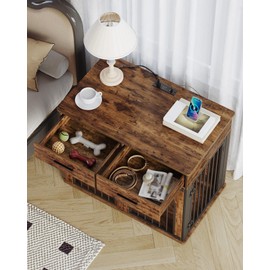 Hzuaneri 39.4'' Dog Crate Furniture with 2 Drawers, Indoor Dog Kennel with Charging Station, Wooden Dog Cage Side End Table Kennel for Medium/Large Dogs, Rustic Brown DFC84201B