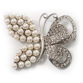 Unique Faux Pearl Crystal Butterfly Brooch