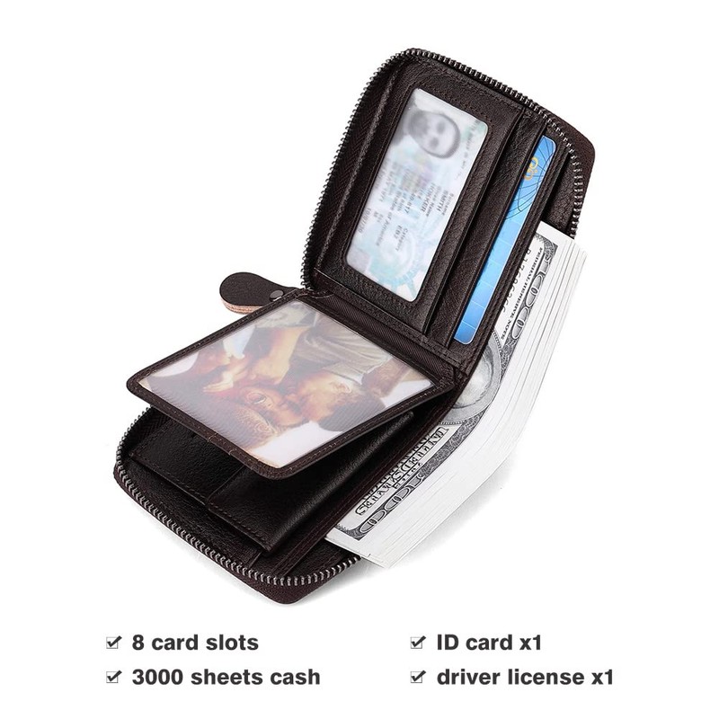 CHANPINCL Mens Genuine Leather Zipper Wallet RFID Secure Large Capacity