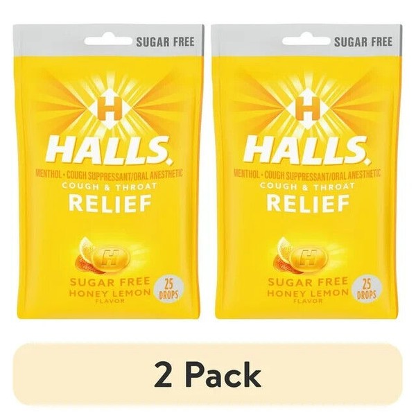 HALLS 2 Pack, HALLS Relief SUGAR-FREE Honey Lemon Cough Drops,
