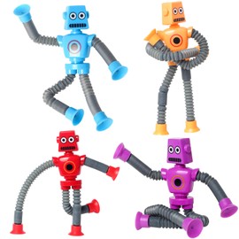 SYSAMA Valentines Day Gift for Kid Toddlers Boy Year Old Age 3 4 5 6 7 8, 4 Pcs Telescopic Suction Cup Robot Toy, Educational Fidget Toys Autistic Easter Basket Christmas Stocking Stuffers