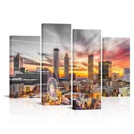 FuShvre - Atlanta Downtown Sunset Landscape Wall Art for Living Room Atlanta Skyline Canvas Art Picture 4 Panel Atlanta Cityscape Prints Home Bedroom Decor Framed
