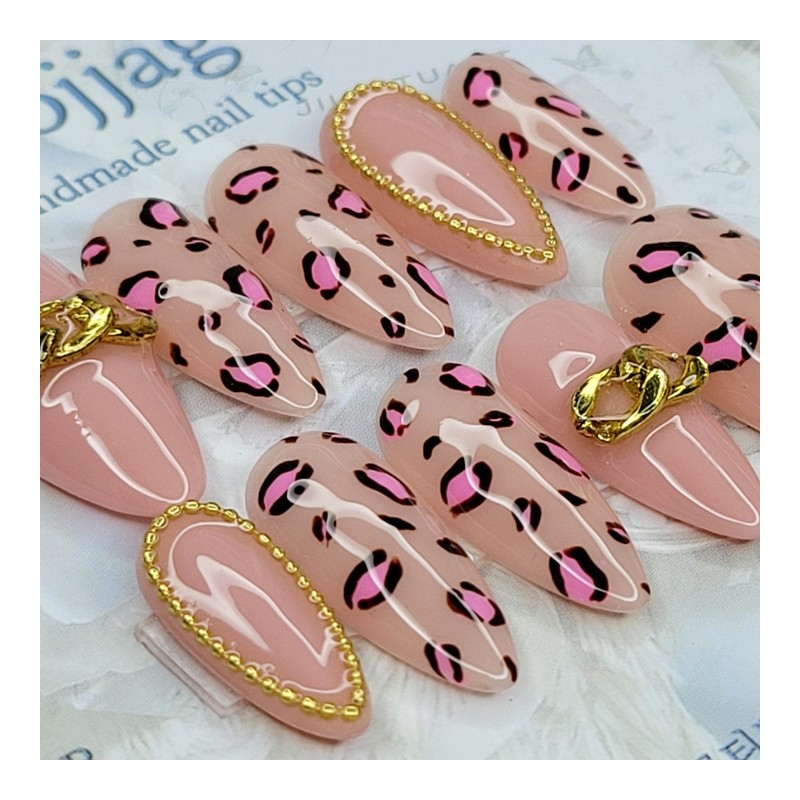 Indie Pink Leopard Handmade Nail Tips - Coffin Egg /