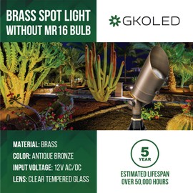 GKOLED 12V Brass Landscape Spotlight, LED Low Voltage Landscape Lighting, Outdoor Adjustable Lights for Yard Wall Lawn Tree Patio Garden, Waterproof Directional Up Light, No MR16 Bulb