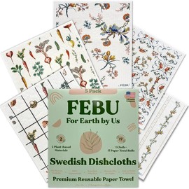 FEBU Swedish Dishcloths for Kitchen & Cleaning | 5 Pack Washable, Reusable Paper Towels  | Non-Scratch Cotton & Cellulose Sponge Cloths | No Odor, Biodegradable, Swedish Wipes:_Vintage Kitchen