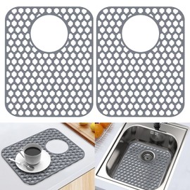 2 Pack Silicone Sink Protector for Kitchen Sink Bathroom, 13.58" x 11.6" Heat-resistant Sink Mat Non-Slip and Durable Silicone Protectors, Rear Drain, Gray