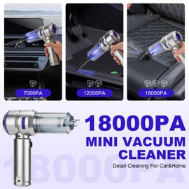 TianJQiS Handheld Car Vacuum Portable Cordless - 18000PA High Power with Brushless Motor, 4-in-1 Air Duster, Blower, Pump & Rechargeable Mini Vacuum for Car, Home, Office (Silver Grey+Blue)