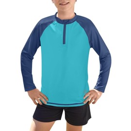 BesserBay Boys' Long-Sleeved Stand-Up Collar UV Shirt 1/4 Zip Rash Guard UPF 50+ Children 110-150, Navy & Light Blue