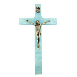 Religious Gifts Pearlized Latin Cross Cruxifix with Pewter Christ Corpus, 7 Inch (Blue)