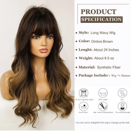 Esmee 24" Synthetic Wigs for Women Dark Roots Long Wig with Bangs Ombre Wavy Hair Realistic Simulation Scalp Middle Part