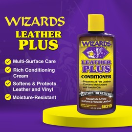 Wizards Leather Plus Leather Conditioner - Moisturizing Car Leather Seat Cleaner and Conditioner - Cleans, Conditions and Protects Leather, Naugahyde and Vinyl Car Accessories - 8 oz - Made in USA