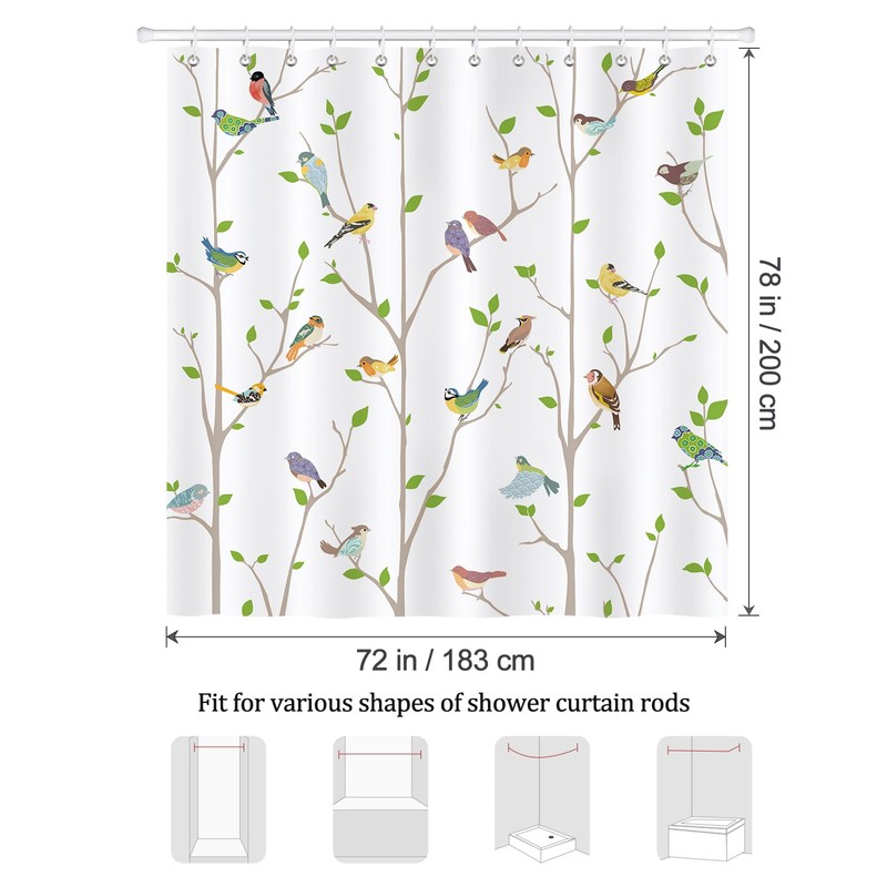 Bonhause Bird Shower Curtain, Spring Birds on Tree with Green
