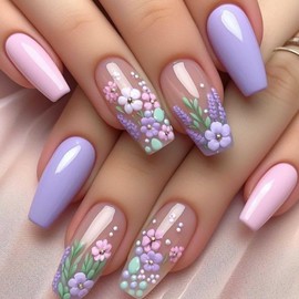 Hkanlre Medium Coffin Flower Press on Nails Purple Fake Nails Tips Full Cover 3D False Nails for Women 24PCS