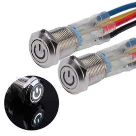 JIQI 2 x 12 mm Momentary Pressure Switch 12 V to 24 V 2 A IP66 1NO with Power Symbol LED, Waterproof Metal Button with Connecting Wires Momentary Push Button Switch for Boat Truck RV Car (White)