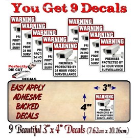 9 Warning 24 Hour Video Surveillance 4" Decal Stickers Security Warning Sign Alert Vinyl Sticker Decals (9 Decals - 3"x 4")
