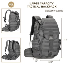 HRTACPAG 50L Military Tactical Backpack Molle Rucksack Large Army 3 Day Assault Pack Heavy Duty Backpack for Men (Grey)